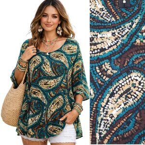 Y2K Evan Picone Paisley Boho Chic Tunic Top Stretch Teal Brown Retro Womens XL